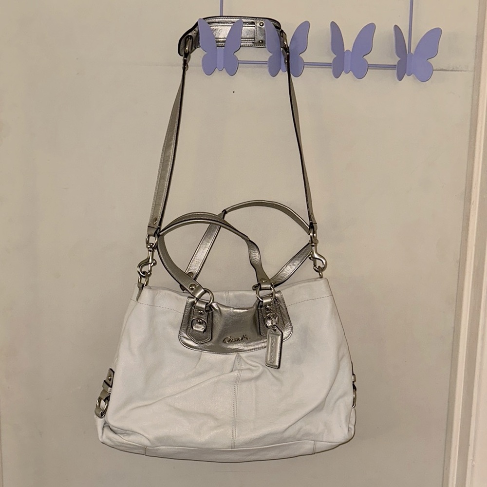 Coach White Leather Crossbody Tote with Silver Accents
